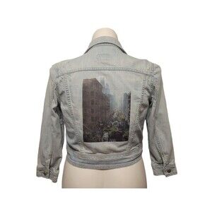Upcycled Wearable Art Jean Jacket Women M Blue Distressed